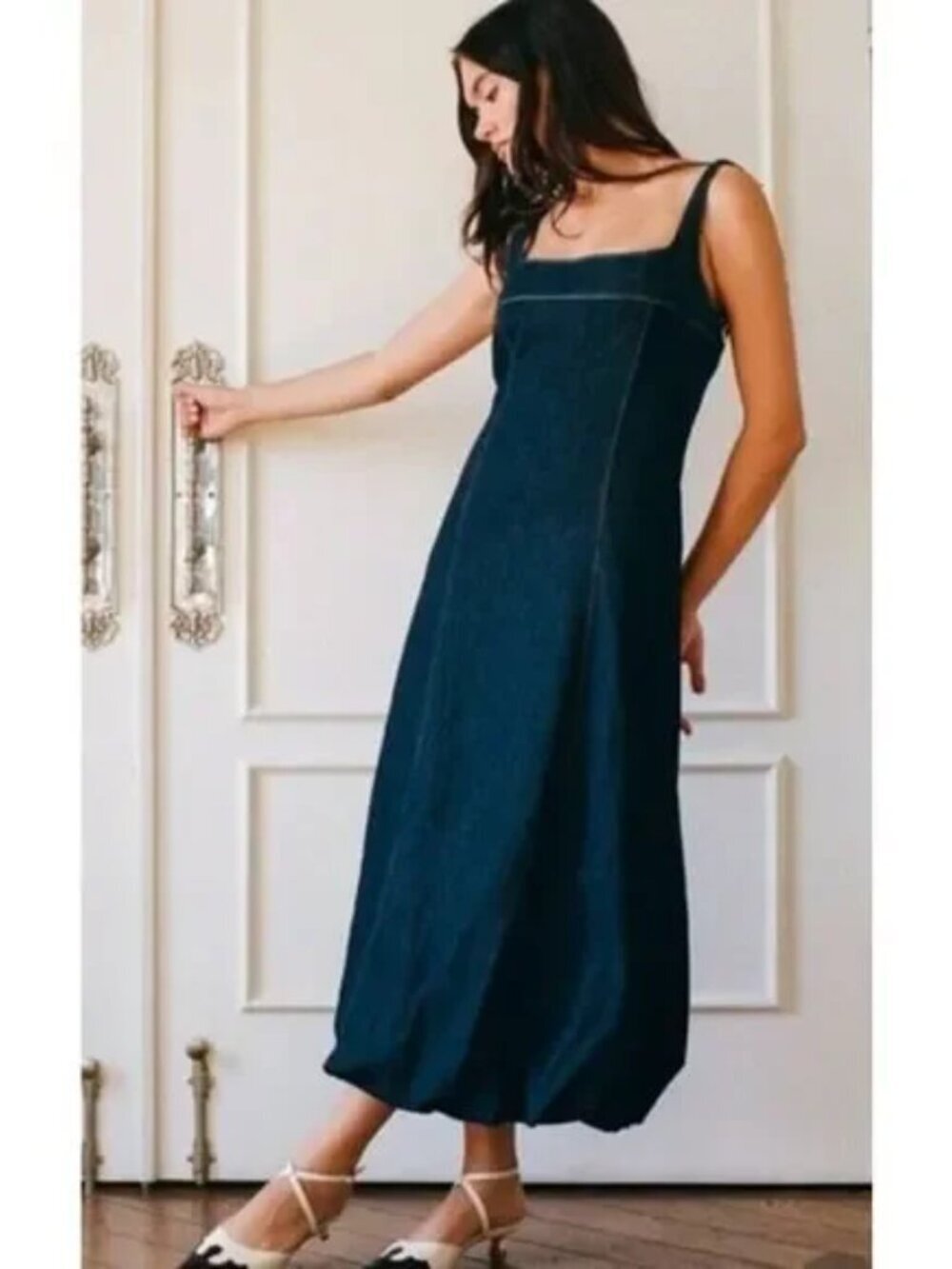 Zara Denim Balloon Hem Bubble Dress Size XS Midi Minimal Classic Square Neckline